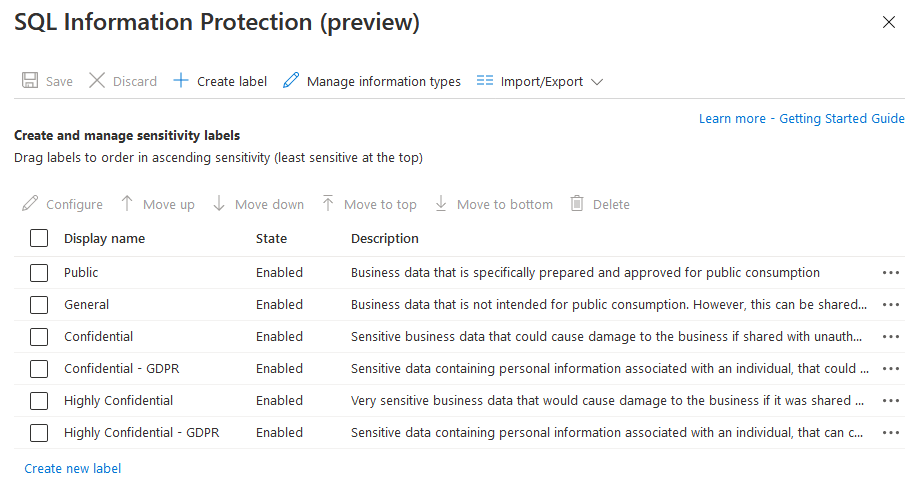 Seite mit Ihrer SQL Information Protection-Richtlinie