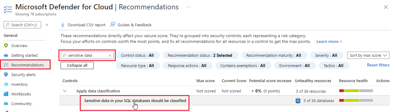 Suchen nach der Empfehlung, die Zugriff auf die SQL Information Protection-Richtlinien bietet