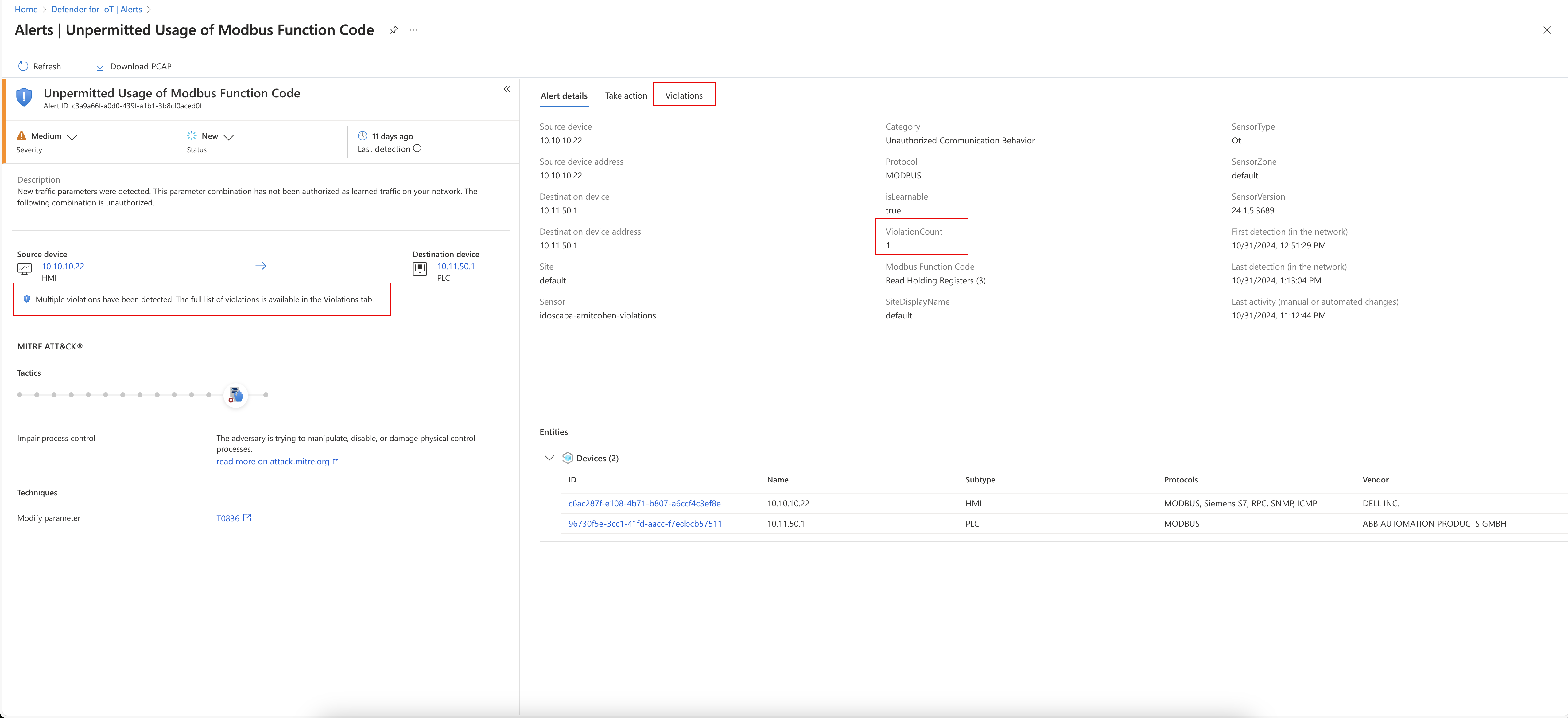 Screenshot des Detailbereichs „Warnungen“ mit der aggregierten Warnungsmeldung, „ViolationsCount“ und der Registerkarte „Verletzungen“.