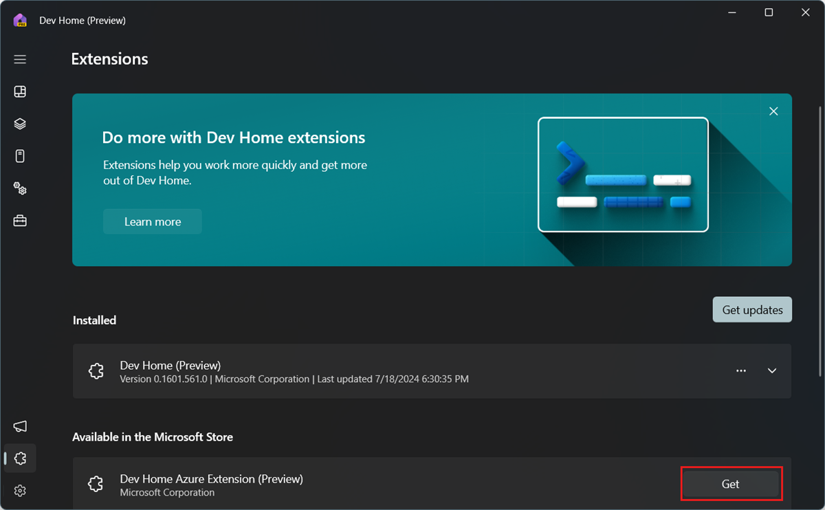 Screenshot: Die Seite „Erweiterungen“ in Dev Home mit hervorgehobener Dev Home Azure-Erweiterung