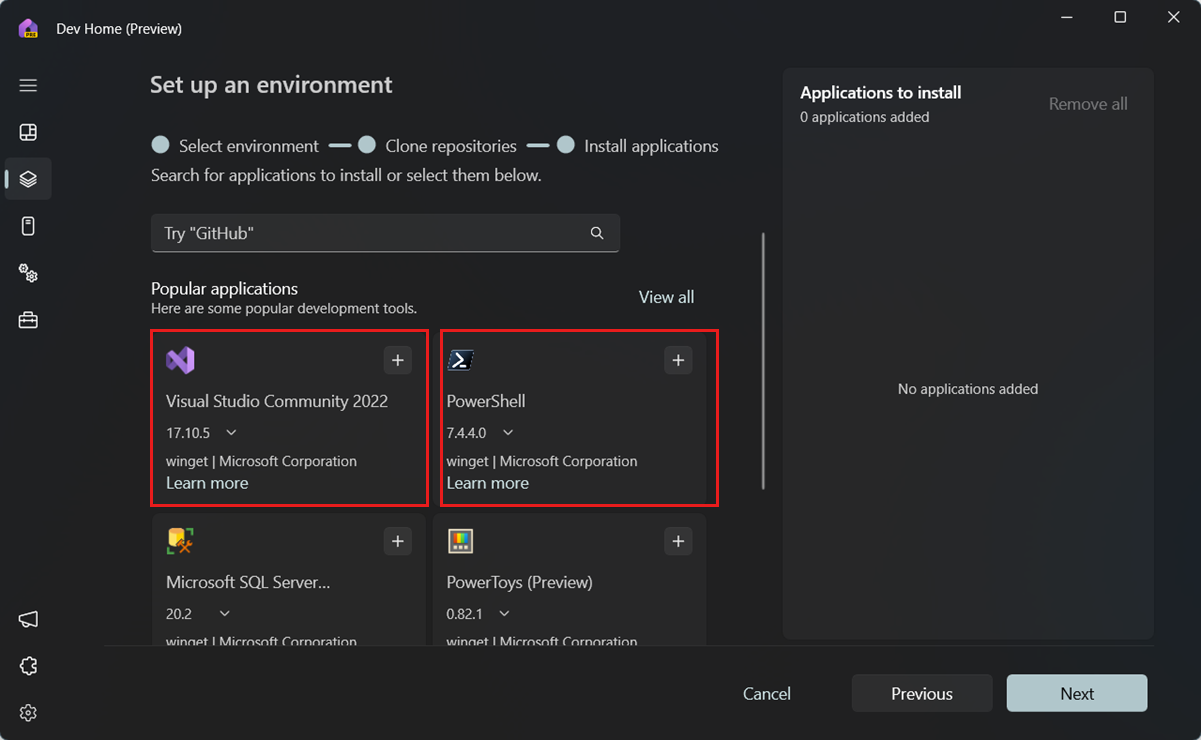 Screenshot: Die Seite „Software hinzufügen“ mit hervorgehobenen Optionen „Visual Studio Community“ und „PowerShell“