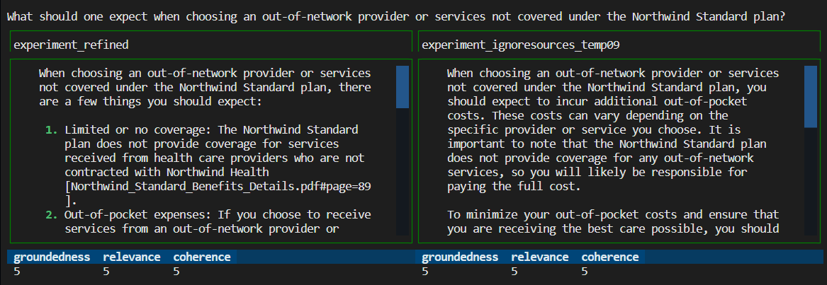 Screenshot des Vergleichs von Evaluierungsantworten zwischen Evaluierungen.