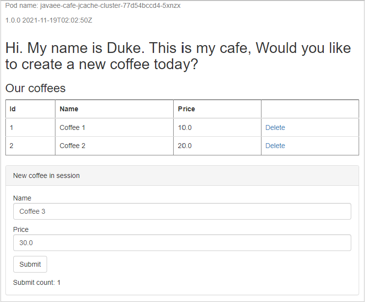 Screenshot der Beispielanwendung, der neuen Kaffee zeigt, der erstellt und in der Sitzung der Anwendung gespeichert wird.