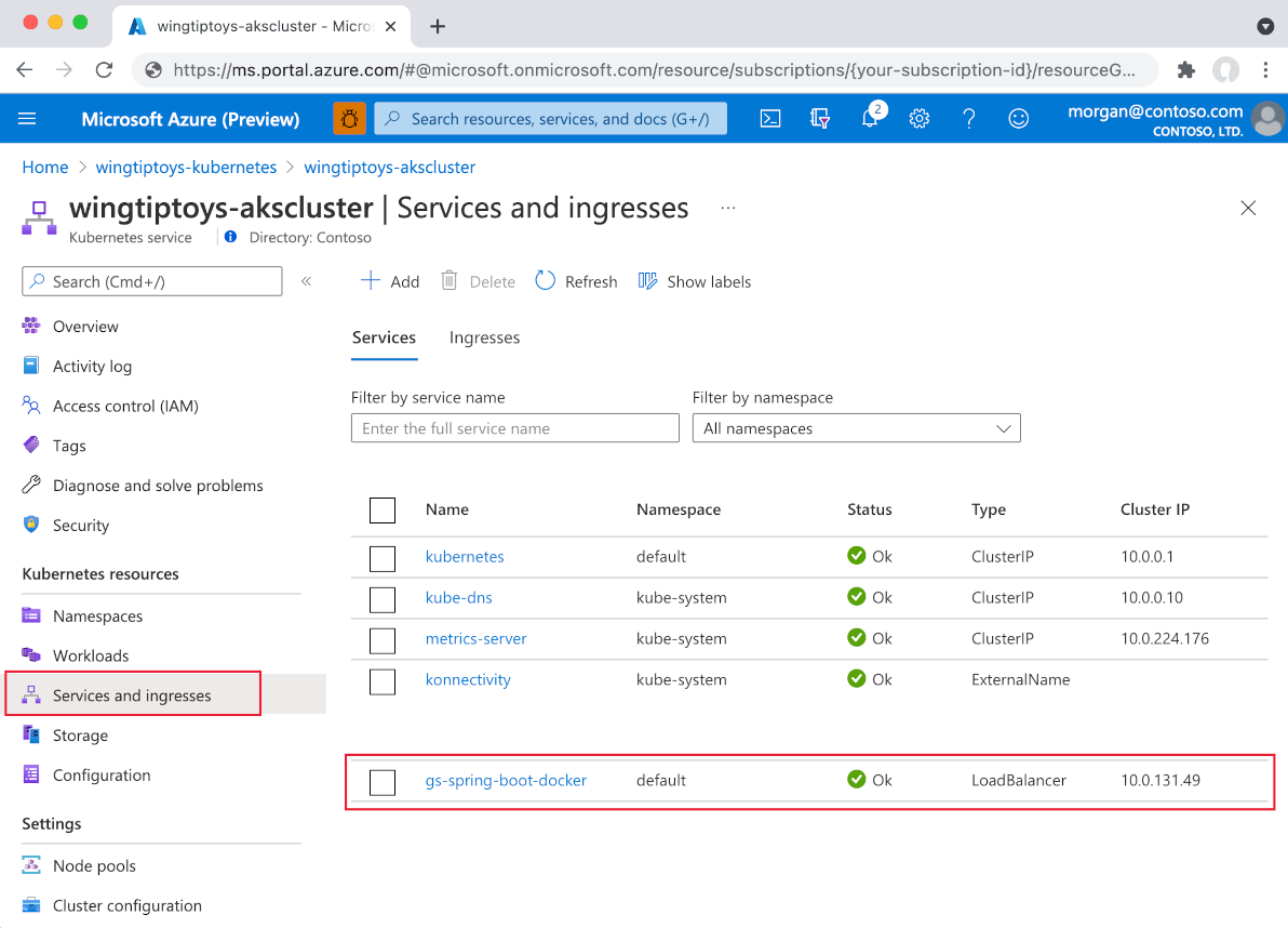 Kubernetes-Ressourcenansicht, Dienstliste.