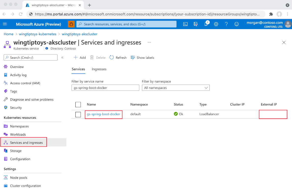 Kubernetes-Ressourcenansicht: Liste mit Diensten, Hervorhebung externer Endpunkte.