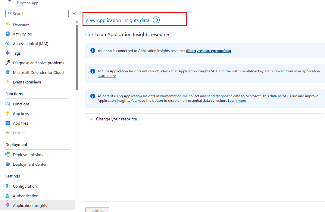 Browserscreenshot mit Menüoptionen: Wählen Sie unter „Einstellungen“ die Option „Application Insights“ und dann „Application Insights-Daten anzeigen“ aus.