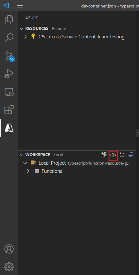 Screenshot des lokalen Arbeitsbereichs von Visual Studio Code mit hervorgehobenem Symbol für die Cloudbereitstellung