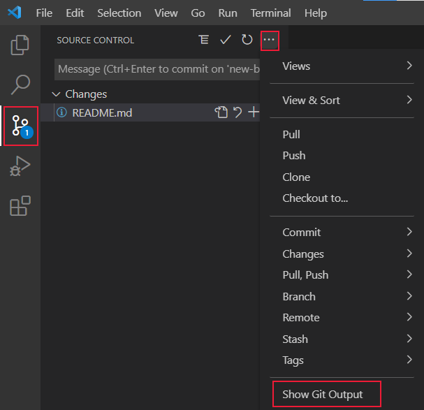 Visual Studio Code-Quellcodeverwaltung mit hervorgehobener Option „Git-Ausgabe anzeigen“