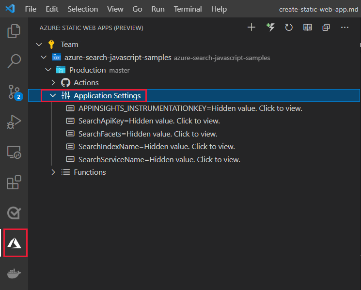 Screenshot der VSCode-Erweiterung: Unter „Produktion“, dann „Anwendungseinstellungen“.