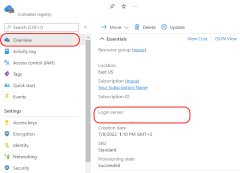 A screenshot showing how to find the login server value for a registry in Azure portal.