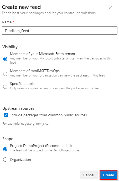 Screenshot mit Auswahlmöglichkeiten zum Erstellen eines neuen Feeds in Azure DevOps Services.