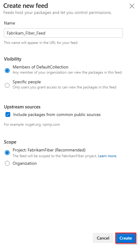 Screenshot mit Auswahlmöglichkeiten zum Erstellen eines neuen Feeds in Azure DevOps 2020.