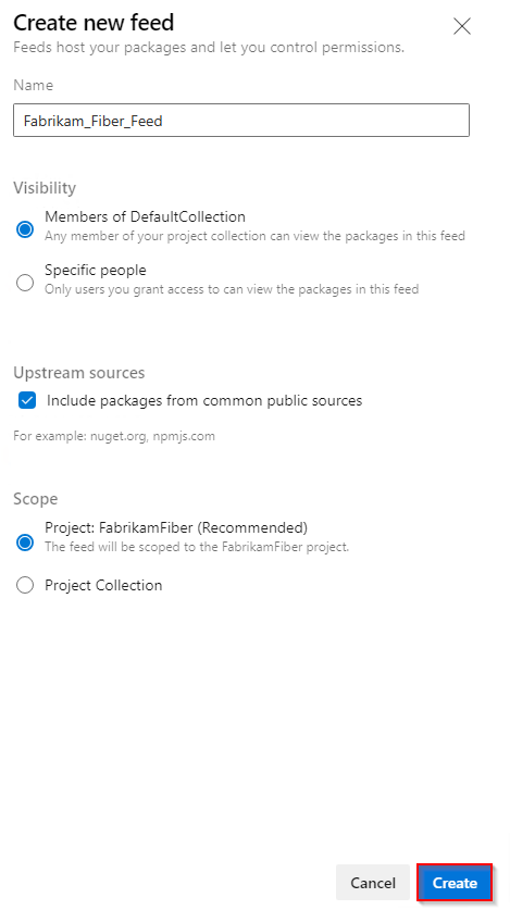 Screenshot mit Auswahlmöglichkeiten zum Erstellen eines neuen Feeds in Azure DevOps 2022.