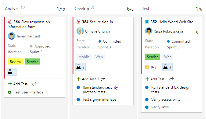 Screenshot des Boards: Drei Spalten mit hinzugefügten Inlinetests und Verknüpfung mit Fehlern