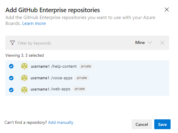 Screenshot der aufgelisteten Repositorys.