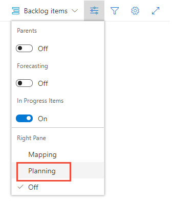 „Boards“>„Backlogs“>Öffnen der Ansichtsoptionen und Auswählen von „Planung“