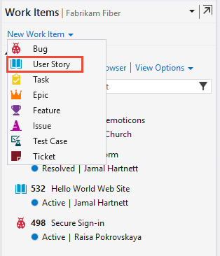 Screenshot: Visual Studio 2019, Hub „Arbeitselemente“, „Neues Arbeitselement“, Auswählen von „User Story“