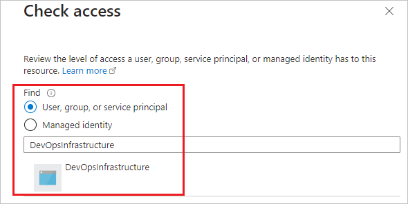 Screenshot der Auswahl des AzureDevOpsInfrastructure-Prinzipals.