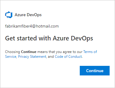 Auswählen von „Weiter“ zur Registrierung bei Azure DevOps