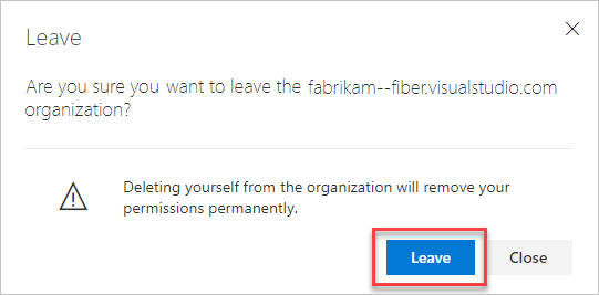 Screenshot, der die Bestätigung für das Verlassen der Organisation zeigt.