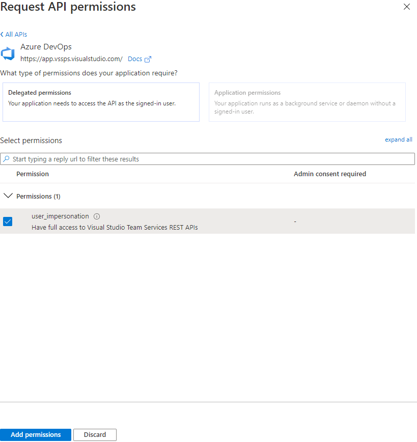 Screenshot: Hinzufügen der Azure DevOps-Berechtigung user_impersonation.