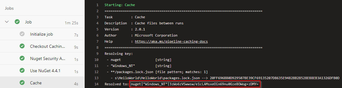 Screenshot der Generierung des Cacheschlüssels in Azure Pipelines