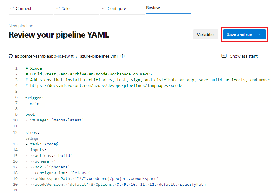 Screenshot: Schaltfläche „Speichern und ausführen“ in einer neuen YAML-Pipeline