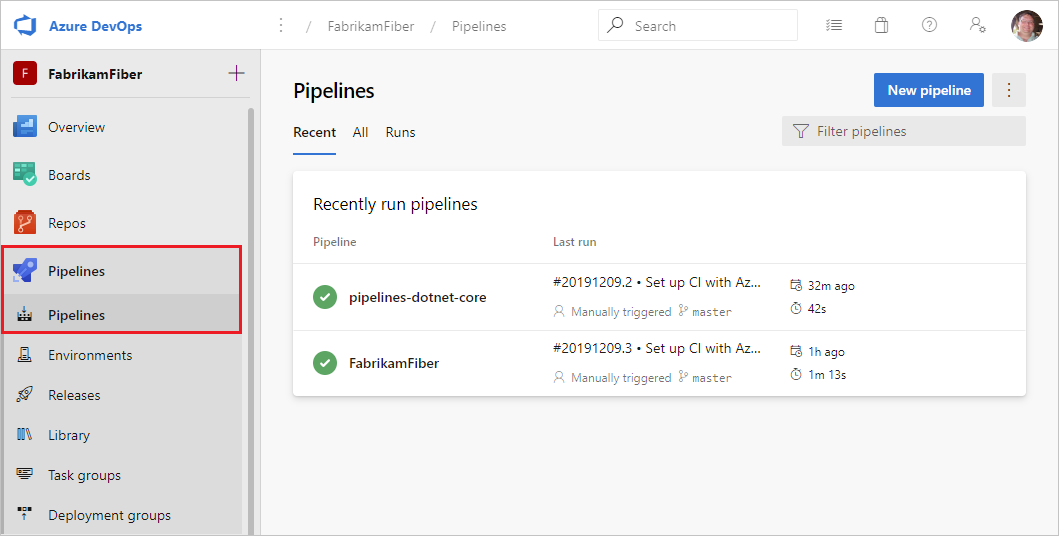 Screenshot: Azure Pipelines-Übersicht