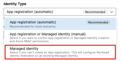 Screenshot: Auswahl der Azure Resource Manager-Option „Verwaltete Identität” mit einer benutzerseitig zugewiesenen Identität