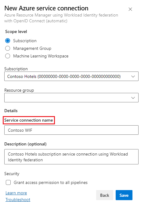 Screenshot des neuen Bildschirms für Azure DevOps-Dienstverbindung