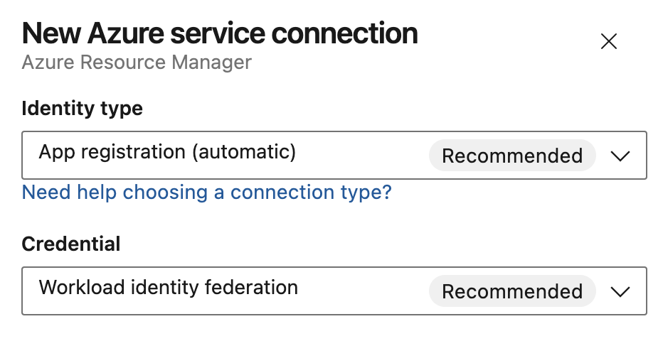 Screenshot: Auswahl der Authentifizierungsmethode „App-Registrierung (automatisch)” mit dem Anmeldeinformationstyp „Workload-Identitätsverbund”