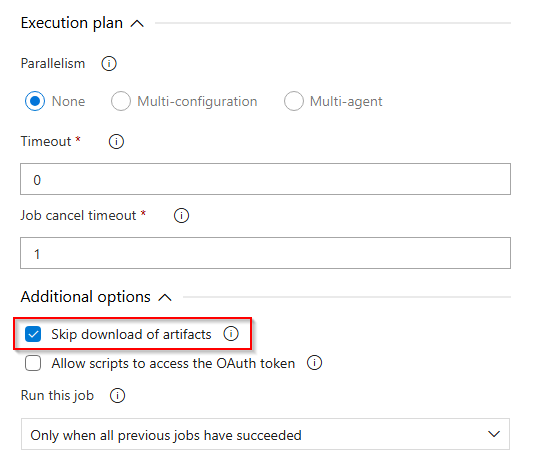 Screenshot, der zeigt, wie sie den automatischen Artefaktdownload in einer klassischen Releasepipeline in Azure DevOps Server überspringen.