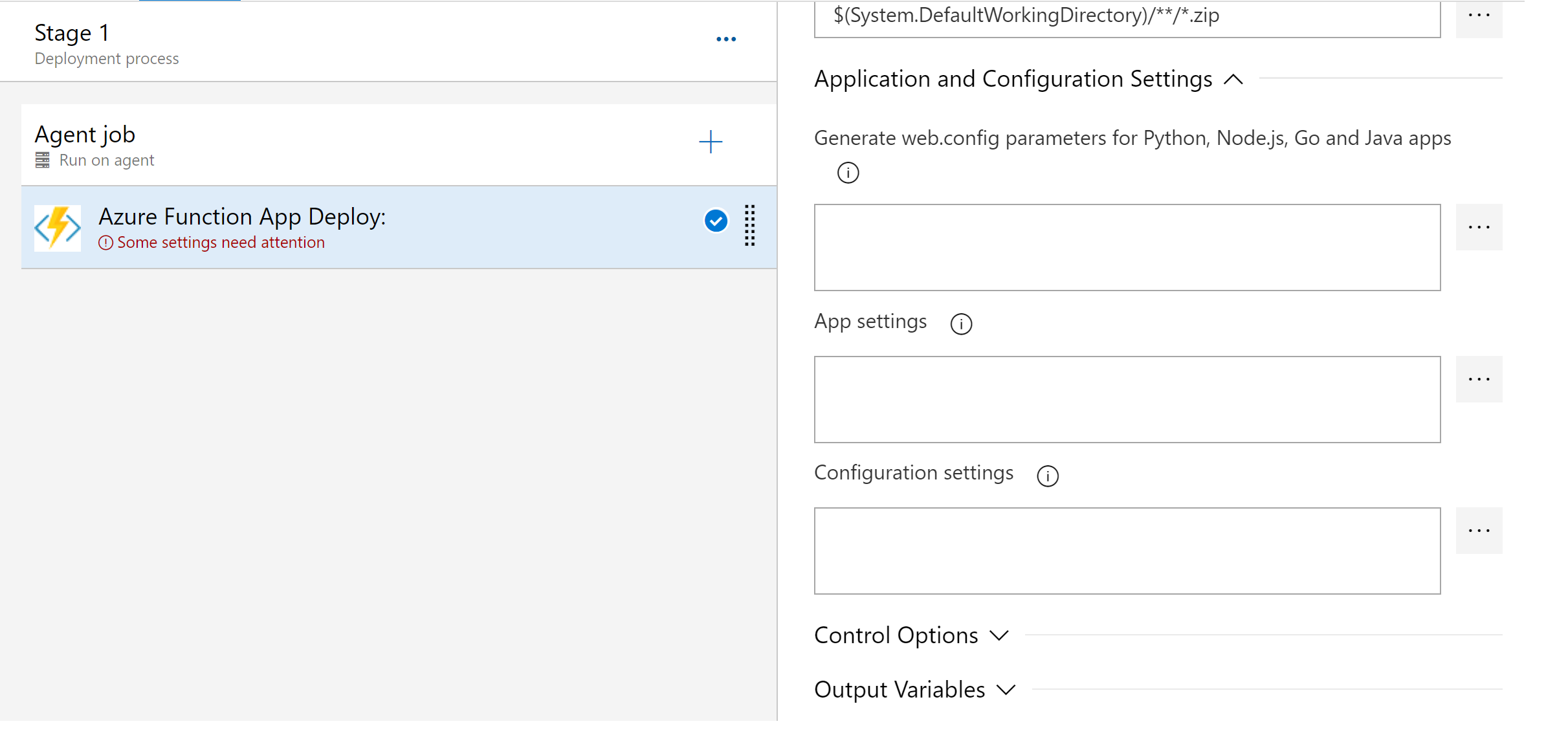 Screenshot, der den Abschnitt web.config-Parameter generieren zeigt.