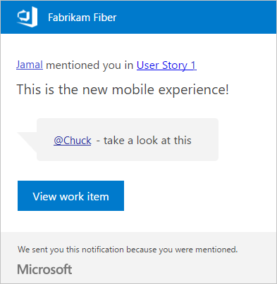 Screenshot der Azure DevOps-E-Mail-Benachrichtigung über E-Mails, die im mobilen Client empfangen wurden.