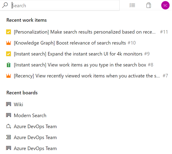 Navigieren Sie zu kürzlich angezeigten Arbeitsaufgaben und Boardelementen aus der Suche.