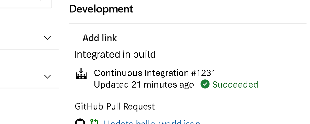 Screenshot des GitHub-Buildstatus im Arbeitselementformular