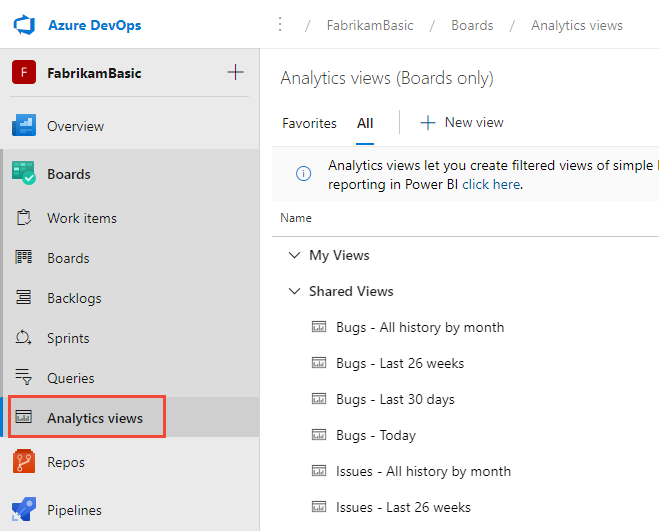 Screenshot: Erweitern des Boards-Hubs und Auswählen von Analyseansichten, die von einem roten Quadrat umgeben sind