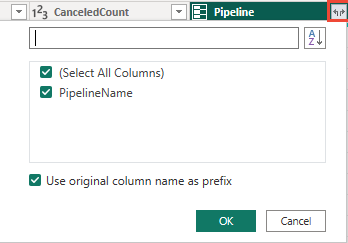 Screenshot des Menüs zum Erweitern der Pipelines-Spalte. 