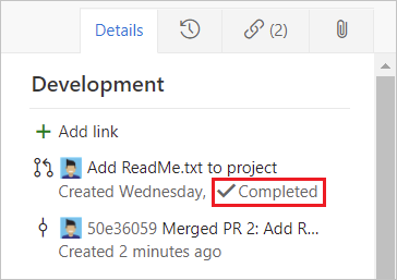Screenshot: Verknüpfte Arbeitselemente zeigen abgeschlossene PRs an