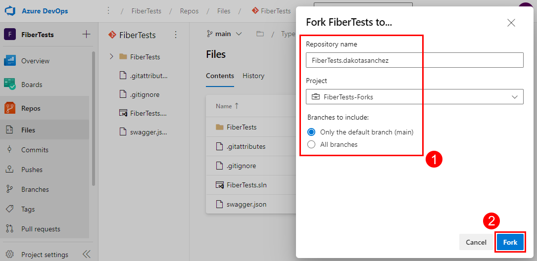 Screenshot des Dialogfelds „Fork“ auf der Seite „Repositorydateien“ in Azure Repos.