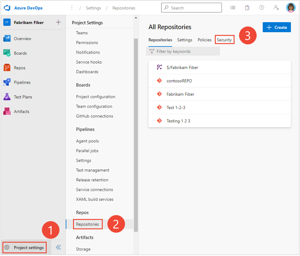 Screenshot des Auswählens von „Projekteinstellungen“>„Repositorys“>„Sicherheit“.