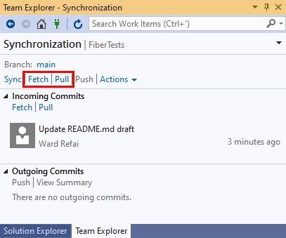 Screenshot: Link „Pullen“ in der Ansicht „Synchronisierung“ von Team Explorer in Visual Studio 2019.