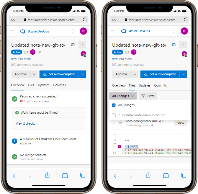 Screenshot von Azure Repos PR-Bildschirmen auf einem mobilen Gerät.