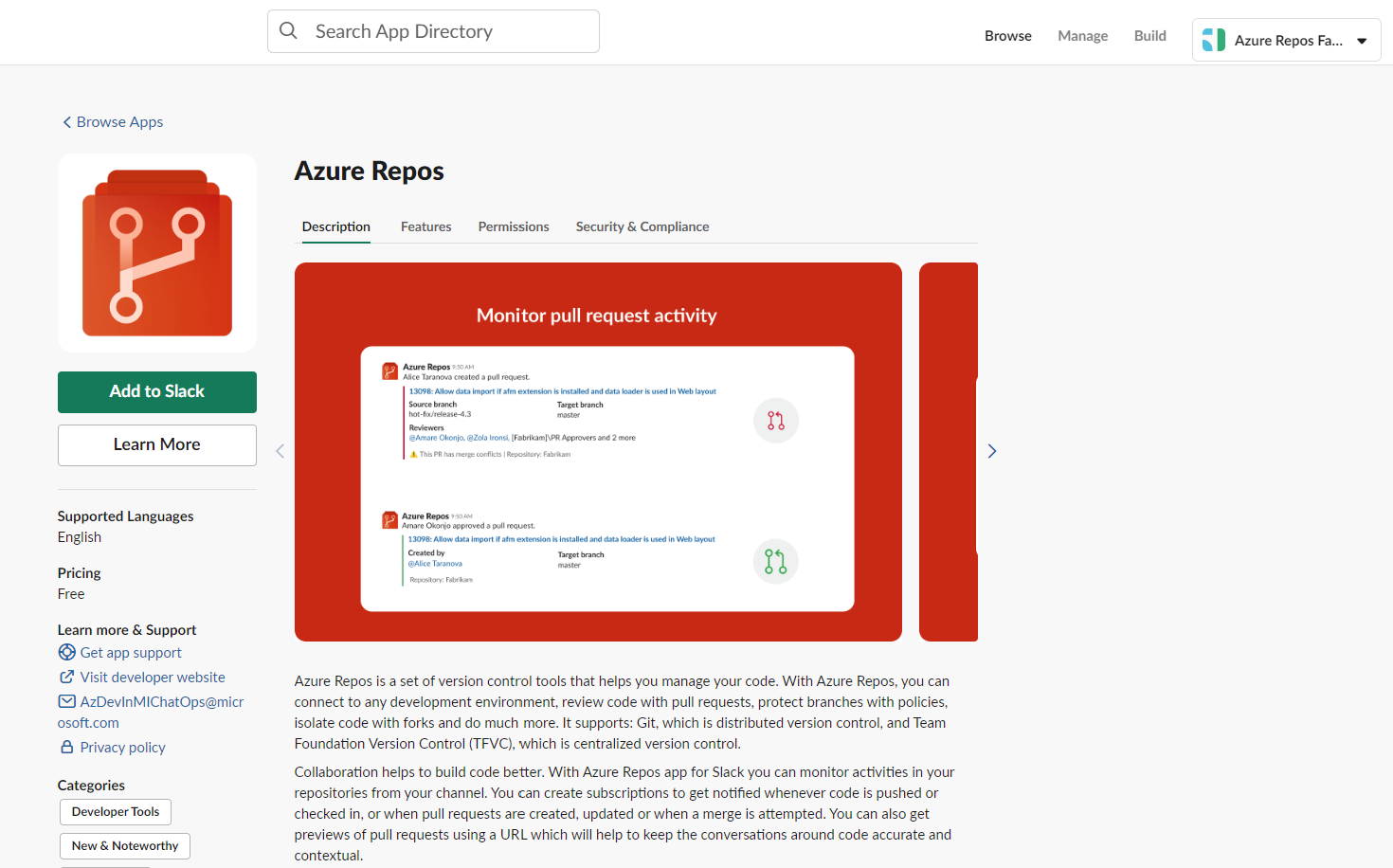 Screenshot des Slack-App-Verzeichnisses, Azure Repos und der Schaltfläche Zu Slack hinzufügen.