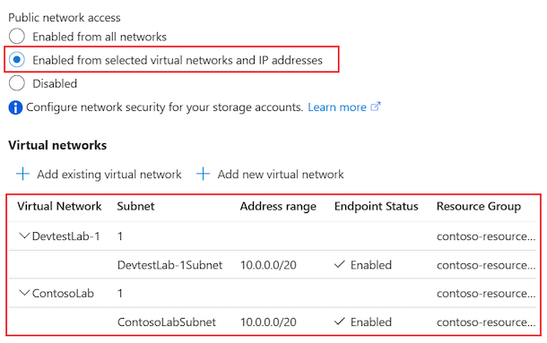 Screenshot, der die Auswahl „Aktiviert von ausgewählten virtuellen Netzwerken und IP-Adressen“ für das Speicherkonto der Lab-Ressource zeigt.