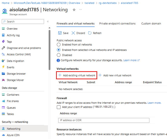 Screenshot des Bereichs „Netzwerk“ einer Ressourcengruppe mit hervorgehobener Option „Vorhandenes virtuelles Netzwerk hinzufügen“