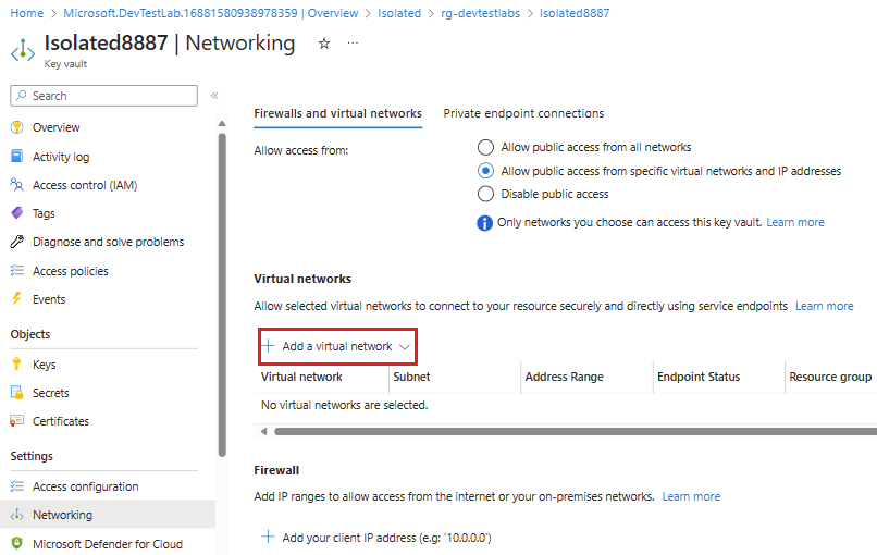 Screenshot des Bereichs „Netzwerk“ eines Schlüsseltresors mit hervorgehobener Option „Vorhandenes virtuelles Netzwerk hinzufügen“