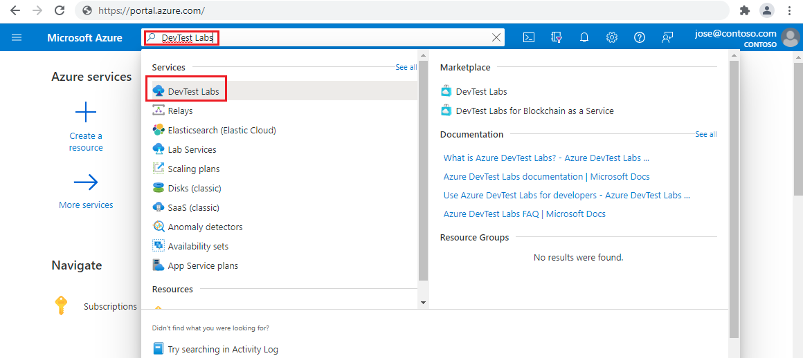 Screenshot: Suchen nach DevTest Labs im Portal.