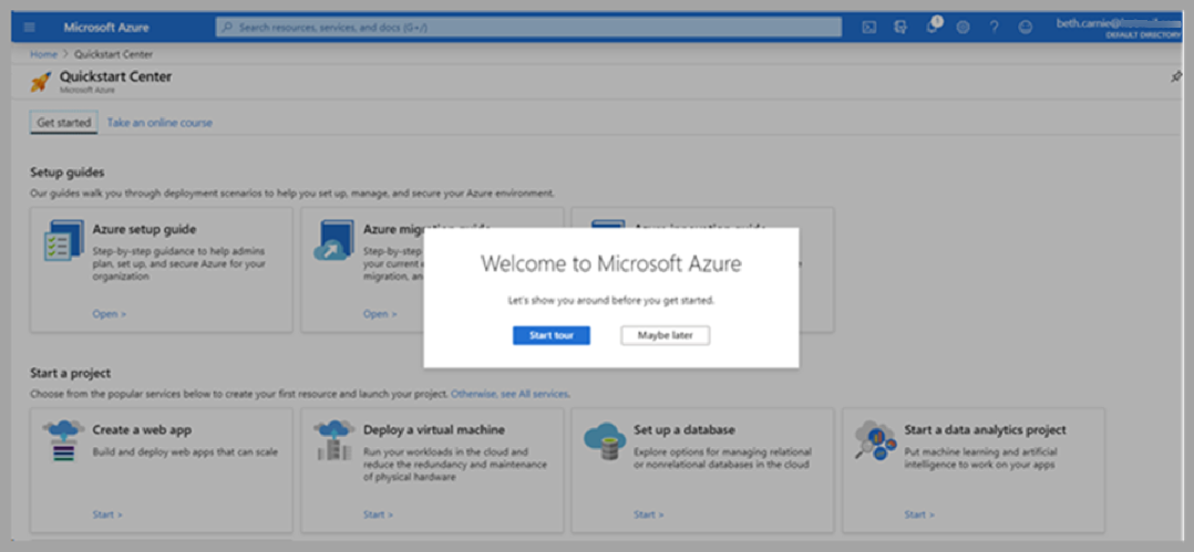 Screenshot: Schnellstartcenter für Azure-Dashboards mit einem Popupfenster „Willkommen bei Microsoft Azure“