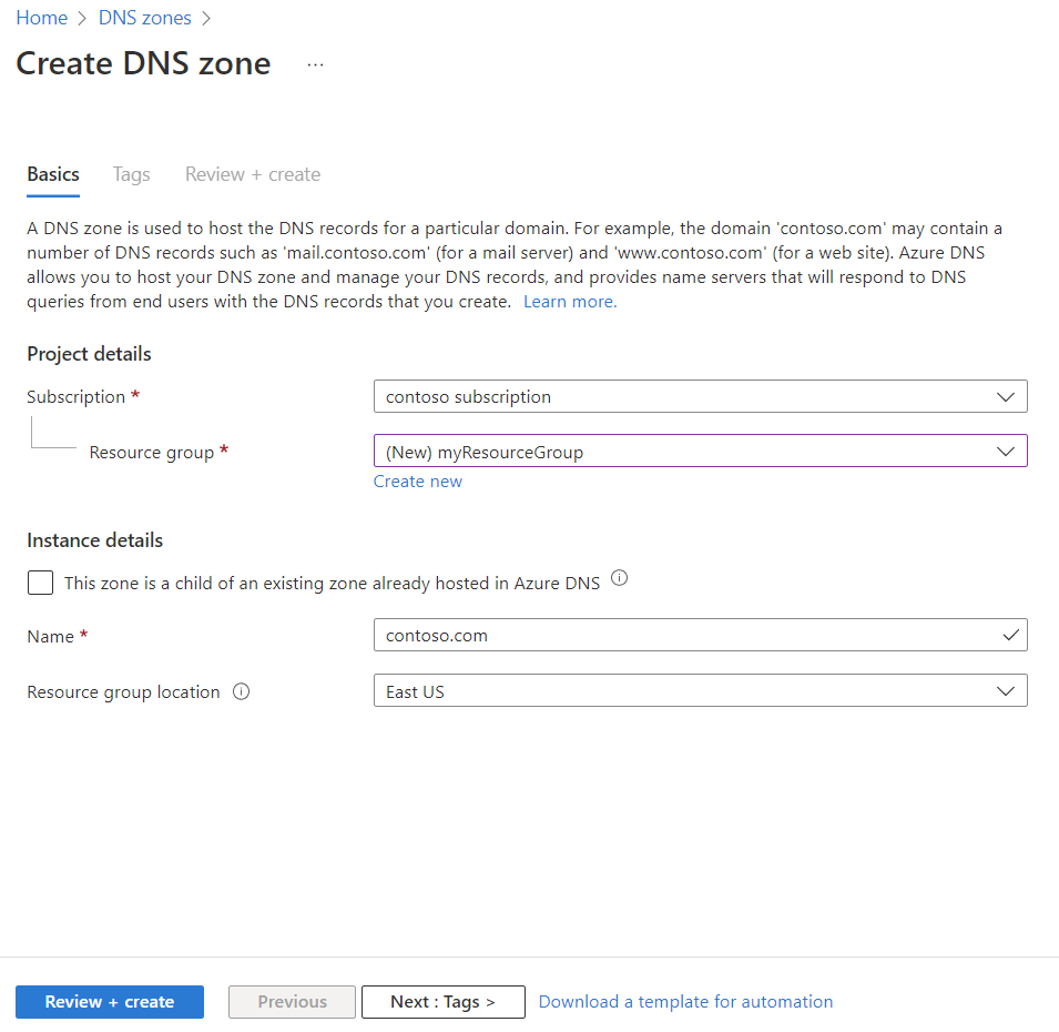 Screenshot: Seite „DNS-Zone erstellen“ mit den Einstellungen, die in diesem Tutorial zum Erstellen einer übergeordneten DNS-Zone verwendet wurden